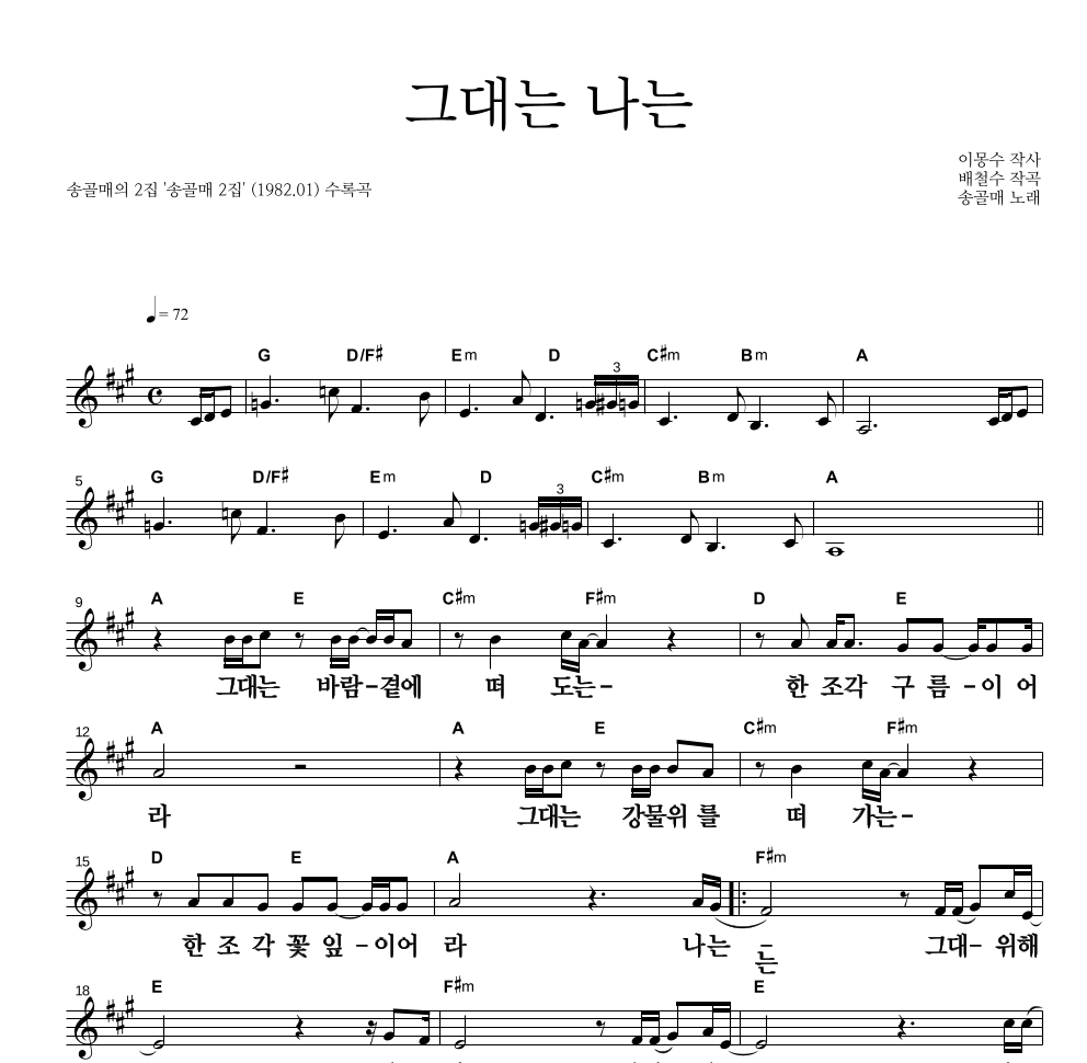 송골매 - 그대는 나는 멜로디 큰가사 악보 