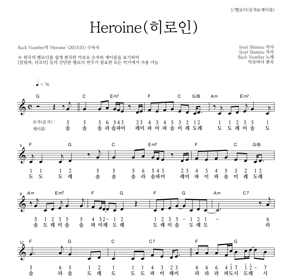 Back Number - Heroine(히로인) 멜로디-숫자&계이름 악보 