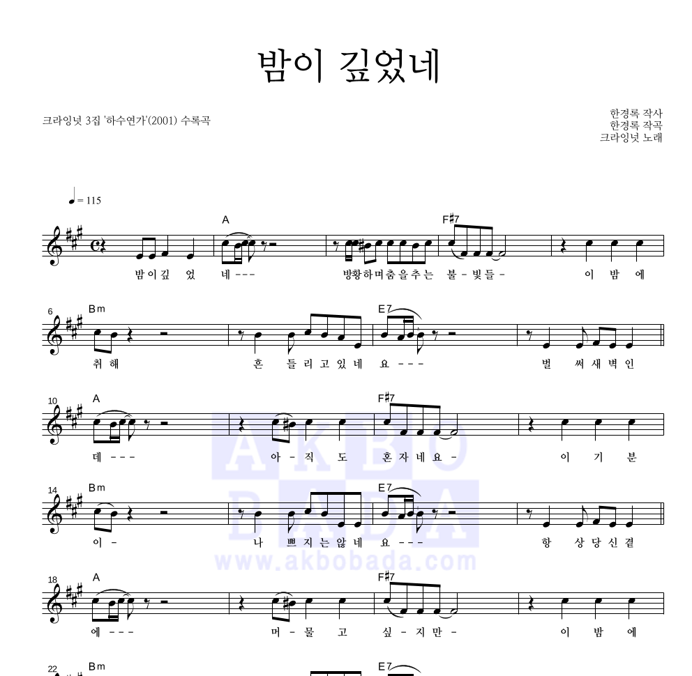 크라잉넛 - 밤이 깊었네 멜로디 악보 