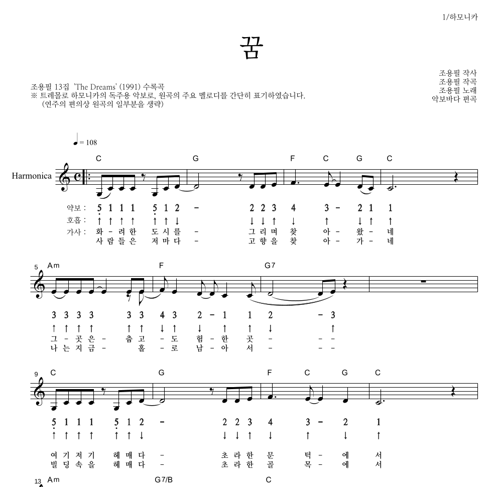 조용필 - 꿈 하모니카 악보 