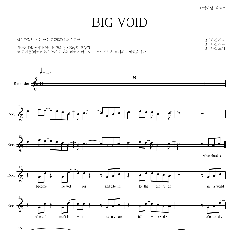 실리카겔 - BIG VOID 리코더 파트보 악보 