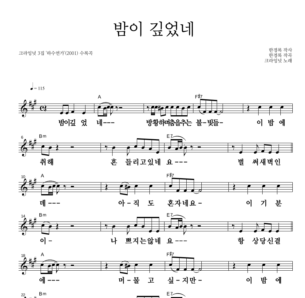 크라잉넛 - 밤이 깊었네 멜로디 큰가사 악보 
