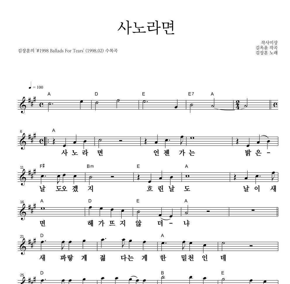 김장훈 - 사노라면 (feat. 이승환,이소라,윤도현,리아) 멜로디 큰가사 악보 