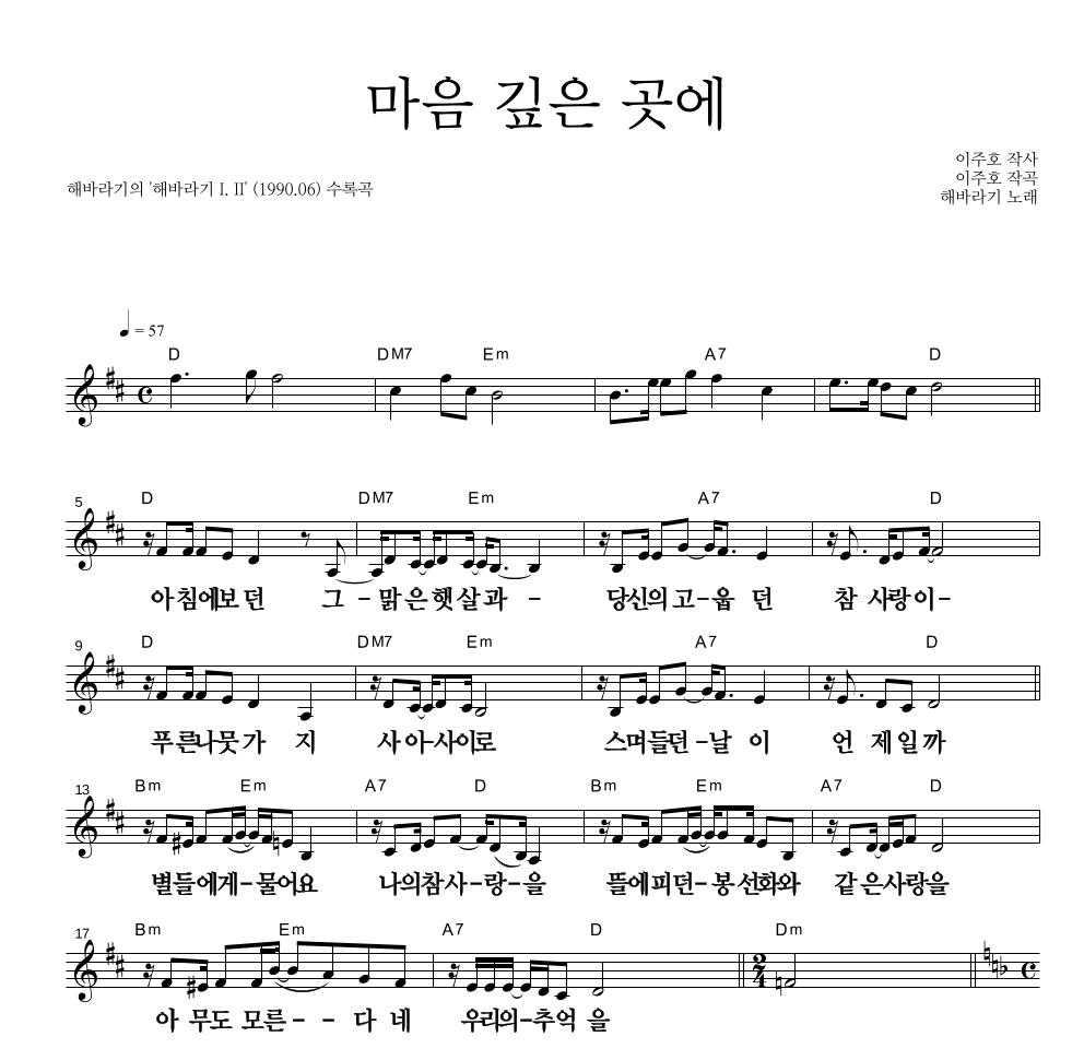 해바라기 - 마음 깊은 곳에 멜로디 큰가사 악보 