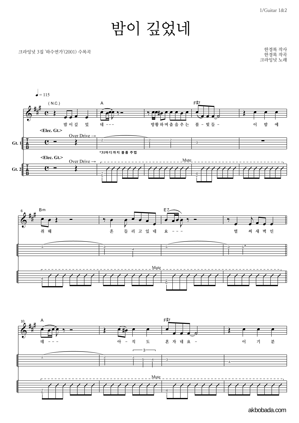 크라잉넛 - 밤이 깊었네 기타(Tab) 악보 