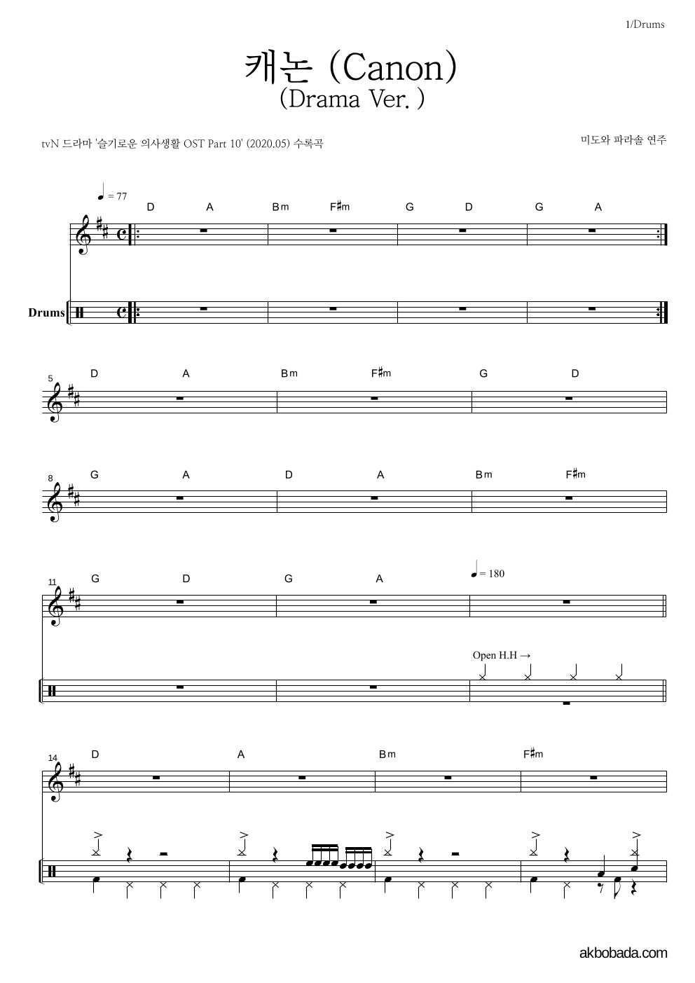 미도와 파라솔 - 캐논 (Canon) (Drama Ver.) 드럼 악보 