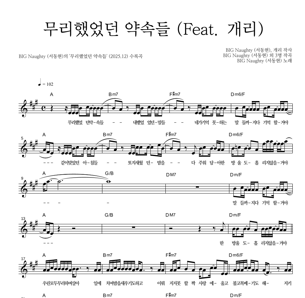 BIG Naughty(서동현) - 무리했었던 약속들 (Feat. 개리) 멜로디 악보 