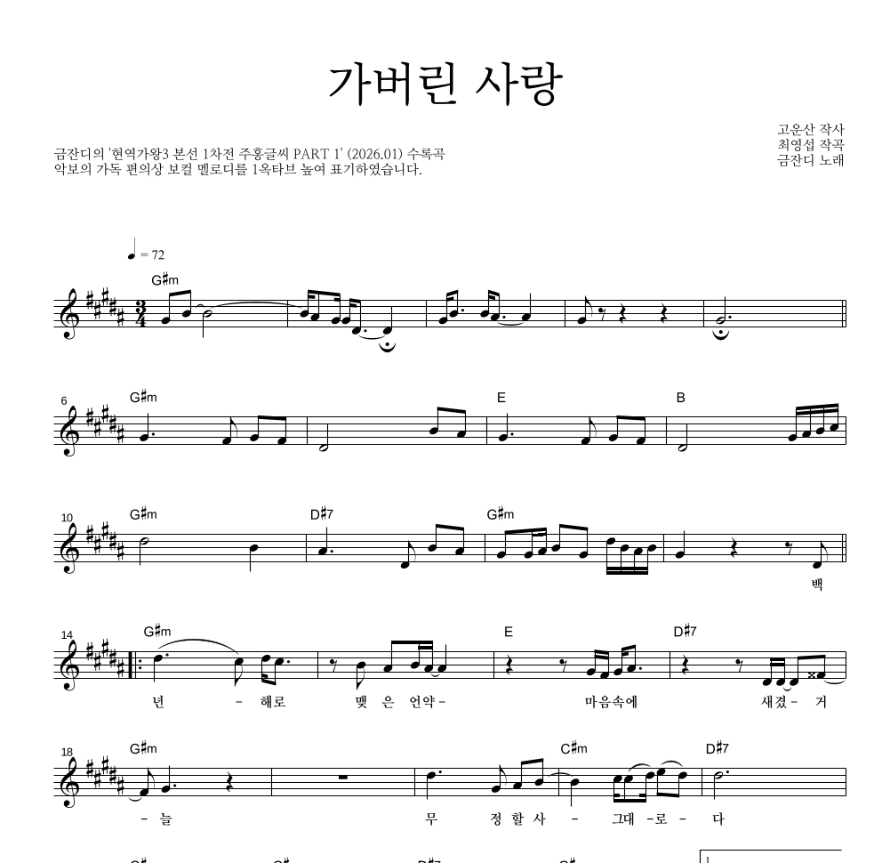 금잔디 - 가버린 사랑 멜로디 악보 