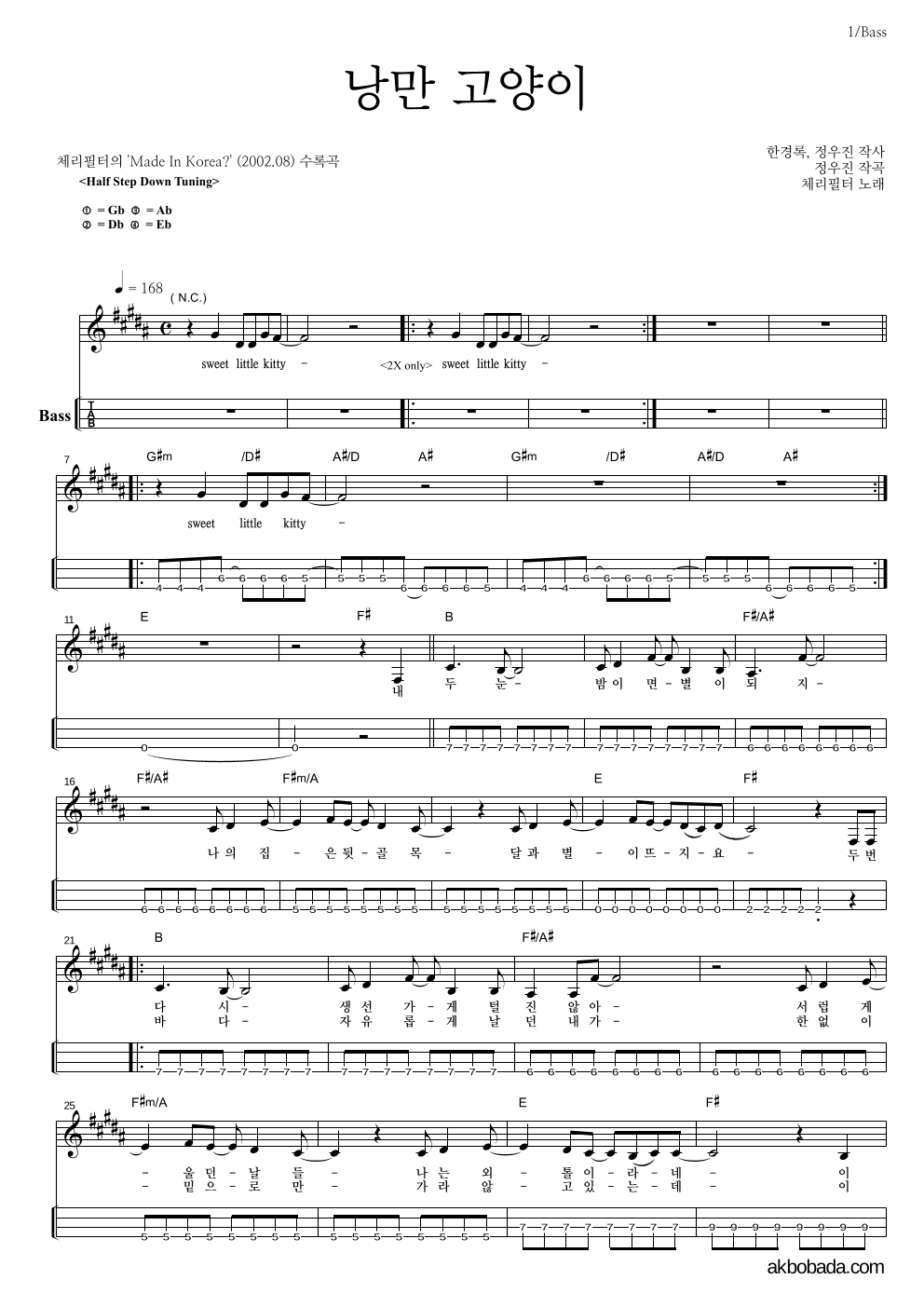 체리필터 - 낭만 고양이 베이스(Tab) 악보 