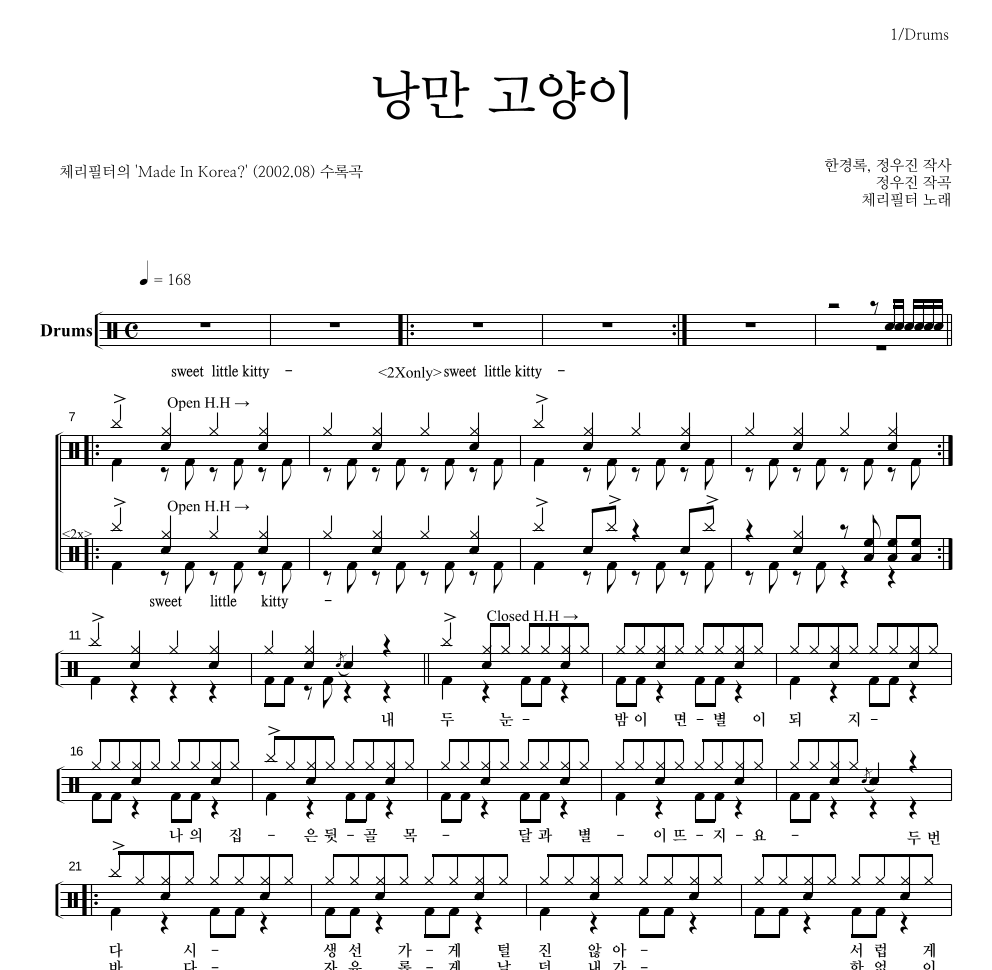 체리필터 - 낭만 고양이 드럼(Tab) 악보 