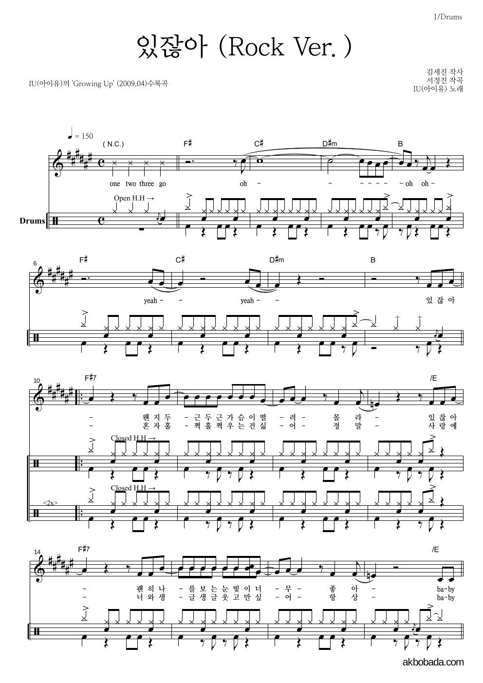 아이유 - 있잖아 (Rock Ver.) 드럼 악보 