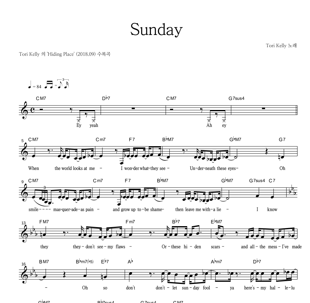 Tori Kelly - Sunday 멜로디 악보 