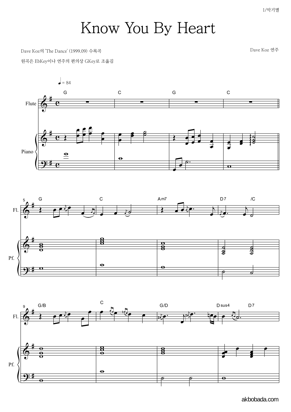 Dave Koz - Know You By Heart 플룻&피아노 악보 