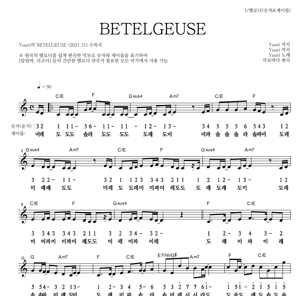 Yuuri - BETELGEUSE 멜로디-숫자&계이름 악보 