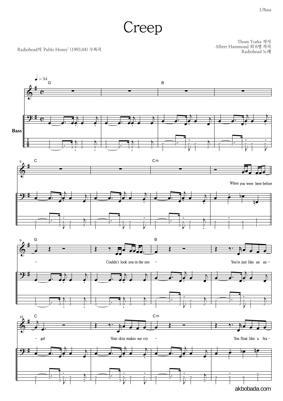 Radiohead - Creep 베이스 악보 