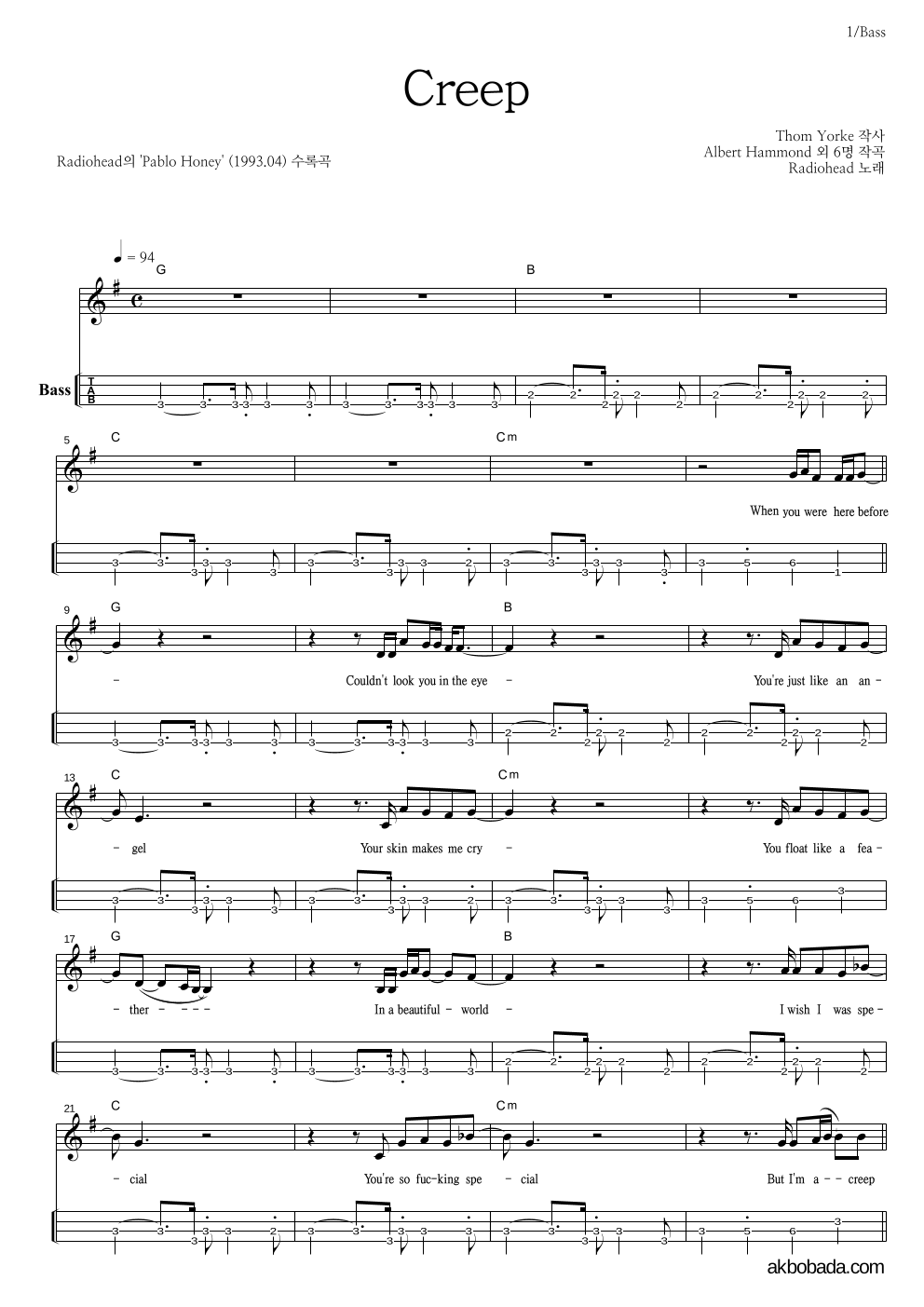 Radiohead - Creep 베이스(Tab) 악보 