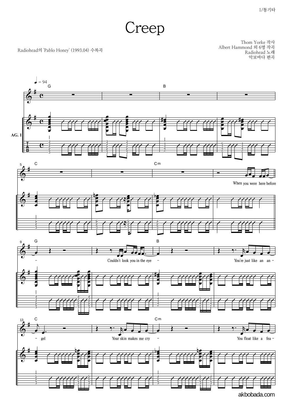 Radiohead - Creep 통기타 악보 