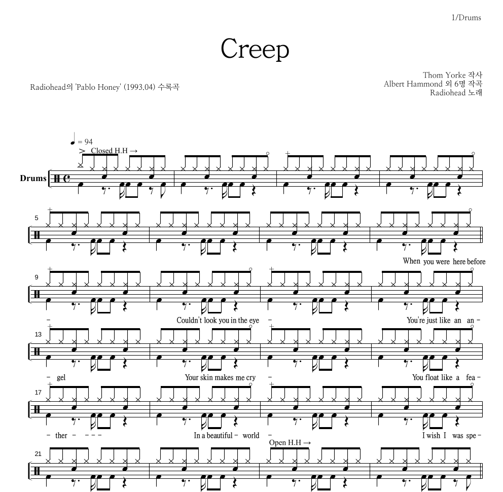 Radiohead - Creep 드럼(Tab) 악보 