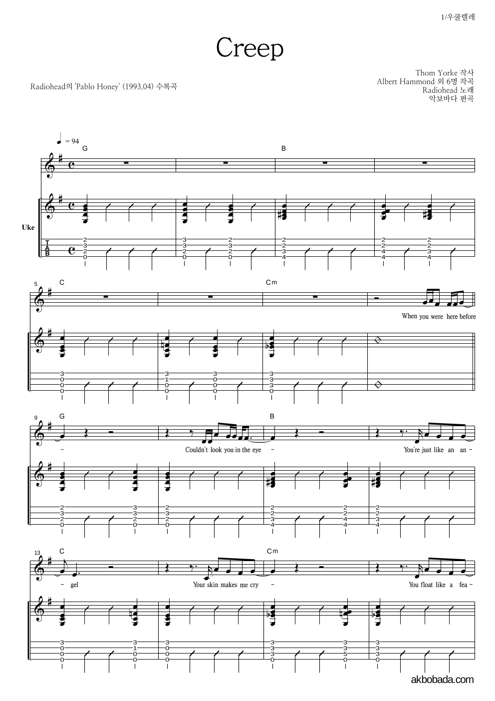 Radiohead - Creep 우쿨렐레 악보 