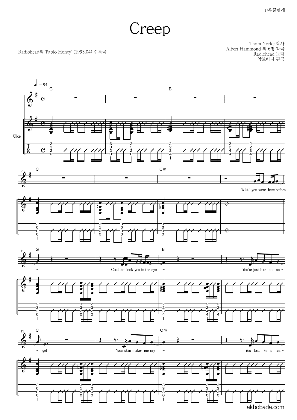 Radiohead - Creep 우쿨렐레 악보 