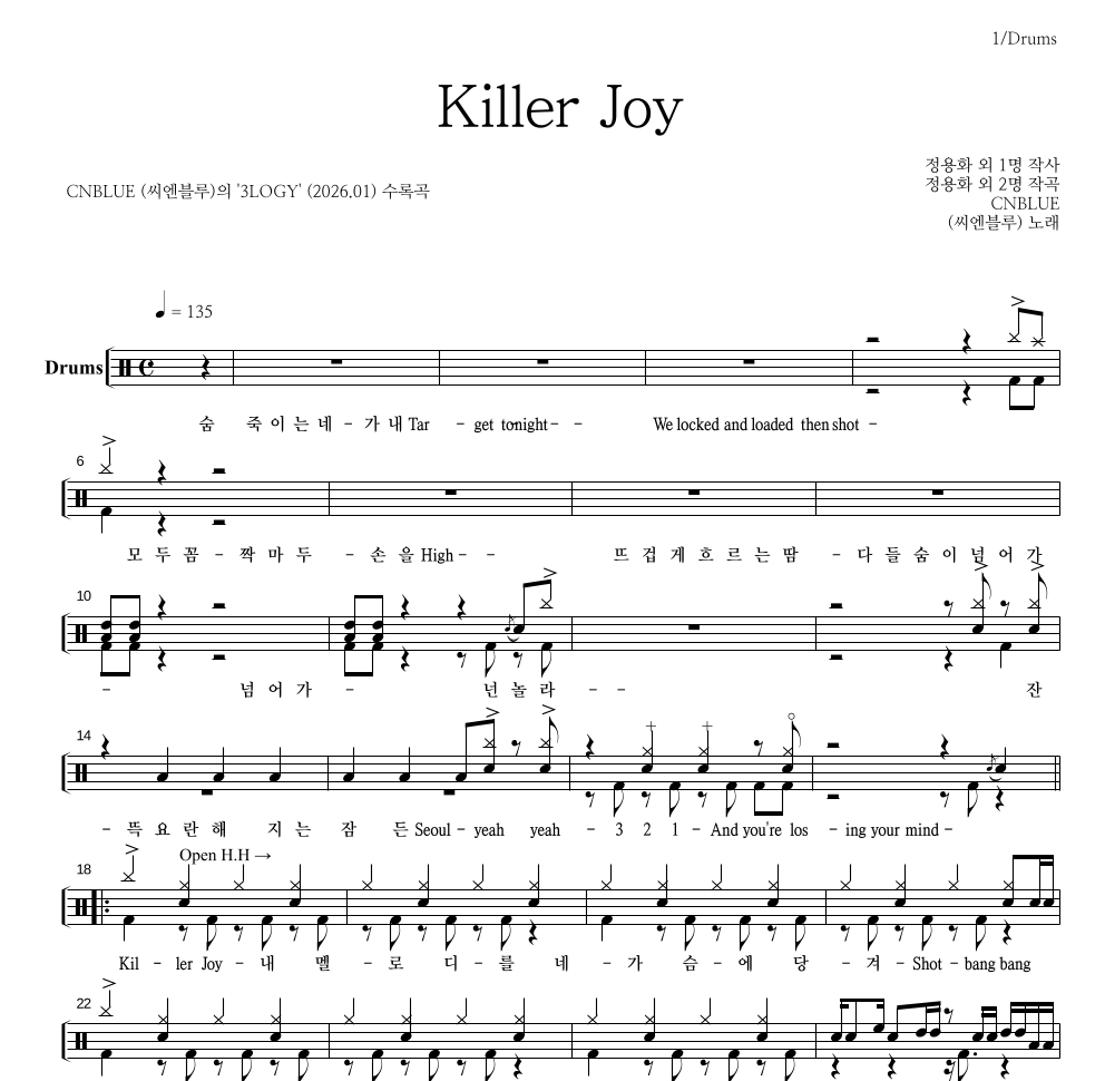 씨엔블루 - Killer Joy 드럼(Tab) 악보 