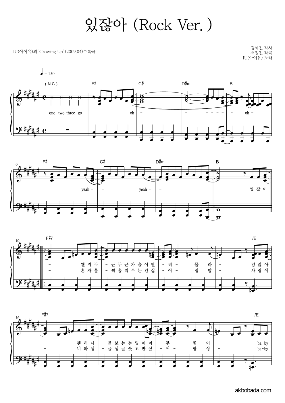 아이유 - 있잖아 (Rock Ver.) 피아노 2단 악보 