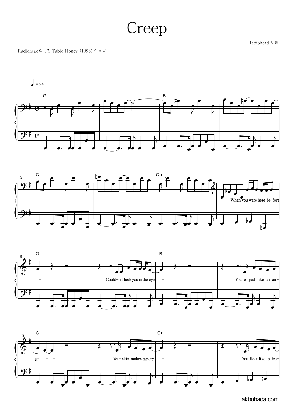 Radiohead - Creep 피아노 2단 악보 