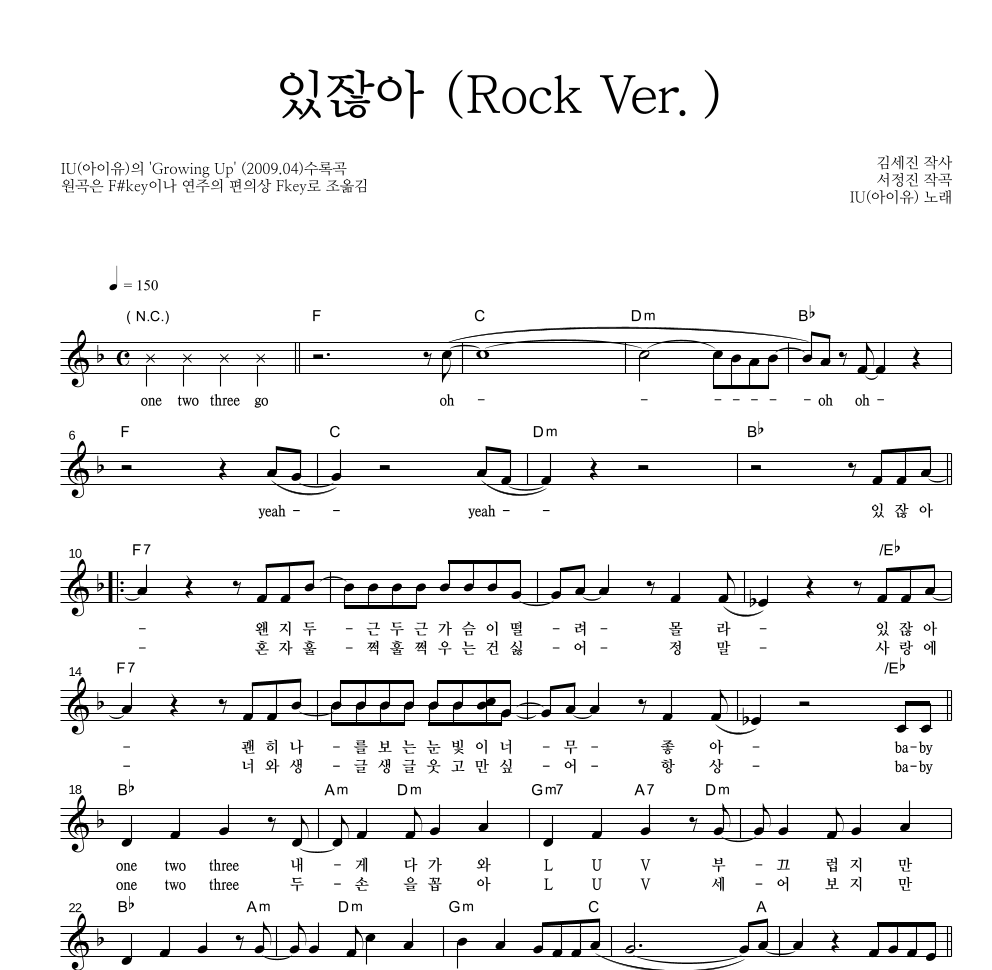 아이유 - 있잖아 (Rock Ver.) 멜로디 악보 