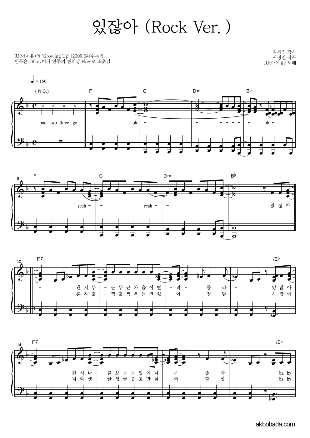 아이유 - 있잖아 (Rock Ver.) 피아노 2단 악보 