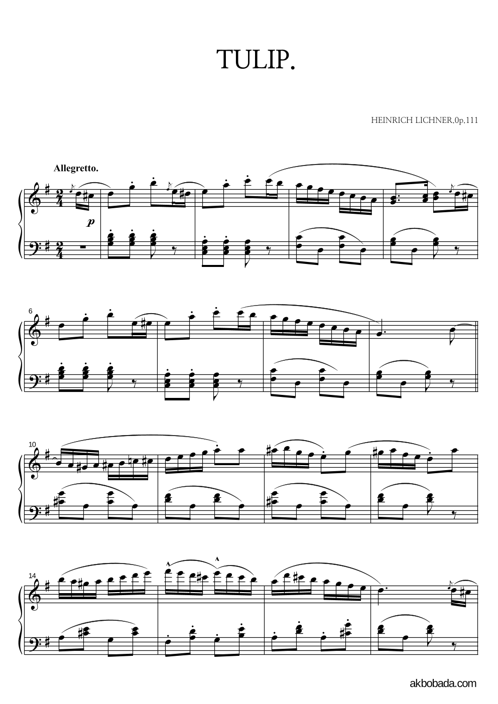 H.Lichner - Piano Pieces for Children No.28 Lichner Op.111 No.4 Tulip 피아노 2단 악보 