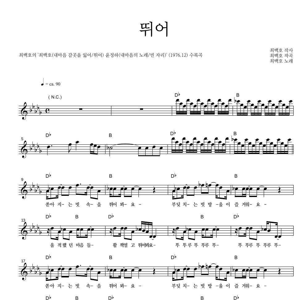최백호 - 뛰어 멜로디 악보 
