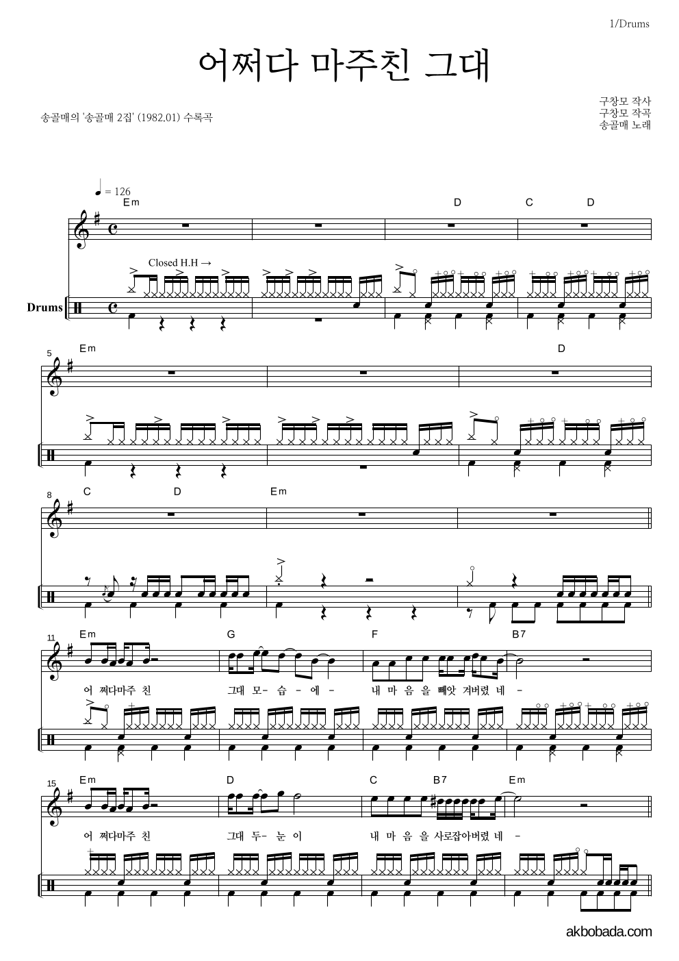 송골매 - 어쩌다 마주친 그대 드럼 악보 