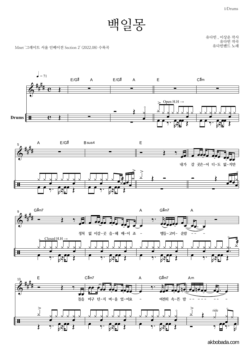 유다빈밴드 - 백일몽 드럼 악보 