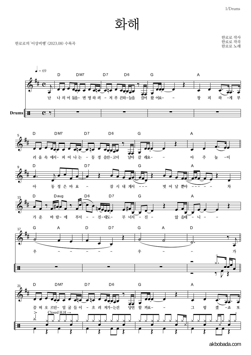한로로 - 화해 드럼 악보 
