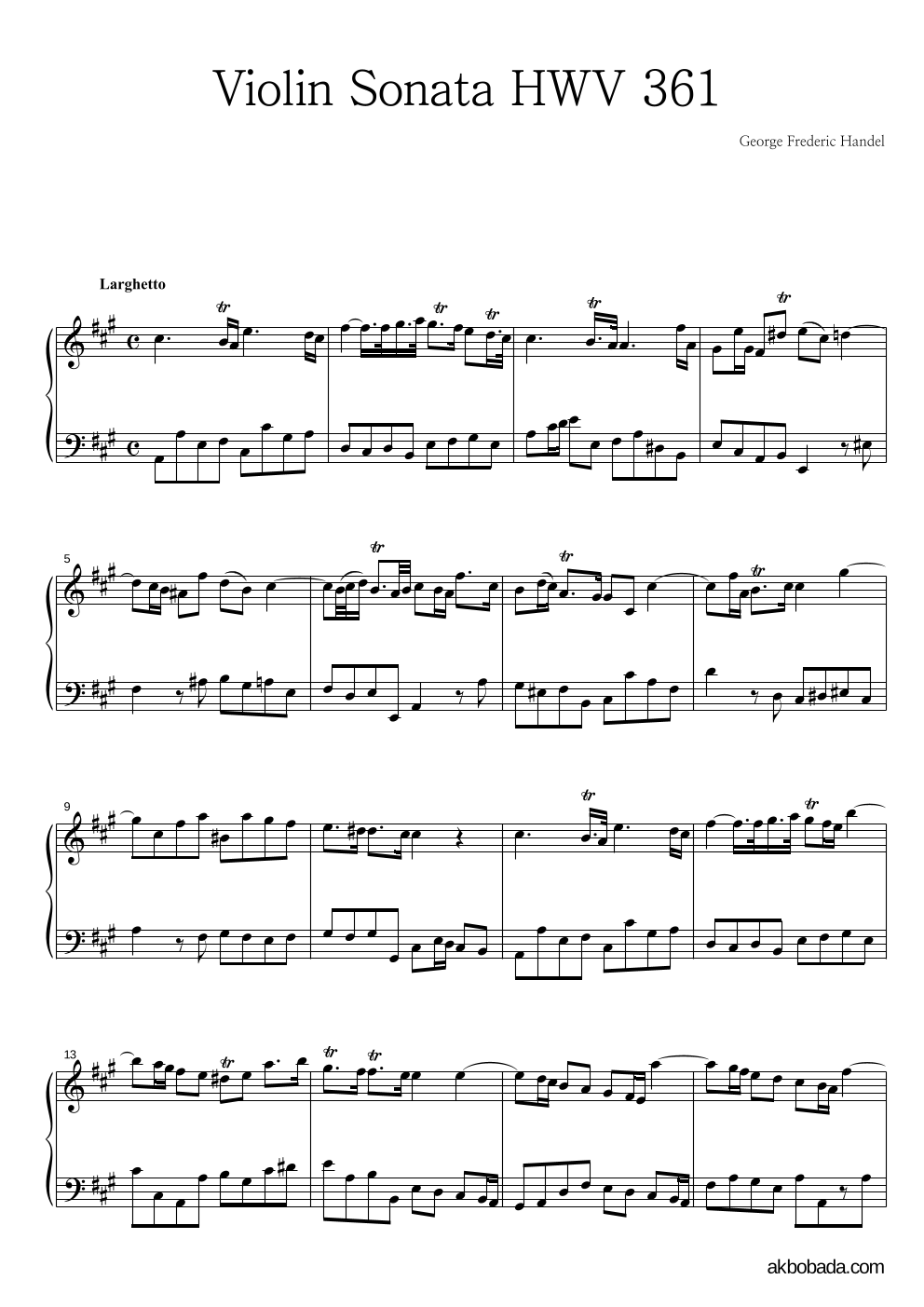 헨델 - 바이올린 소나타 1번 A장조(1악장) 피아노 2단 악보 