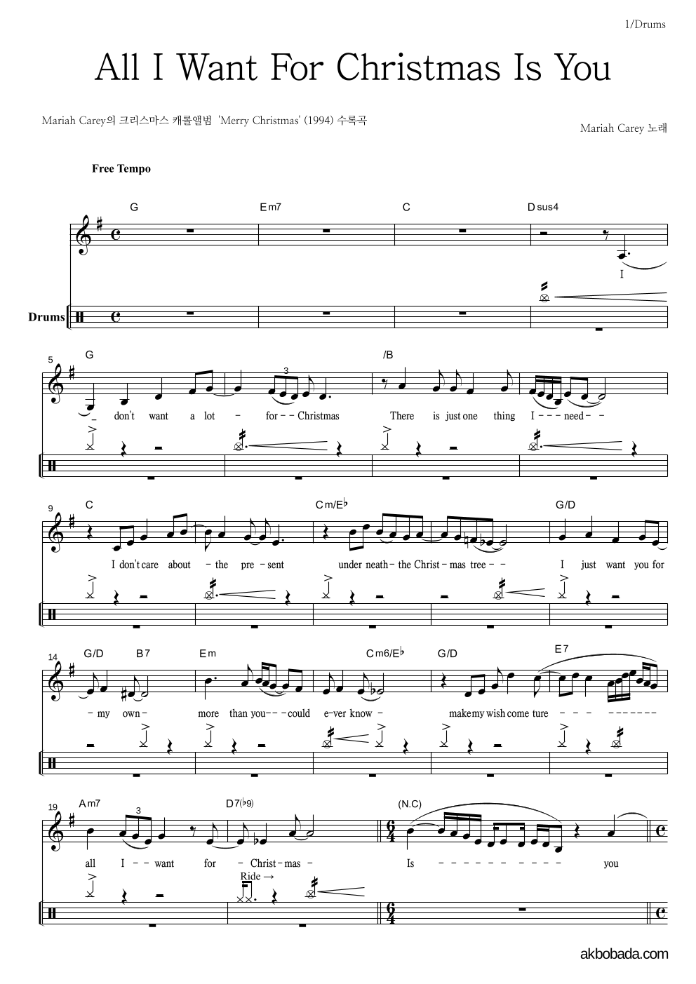 Mariah Carey - All I Want For Christmas Is You 드럼 악보 