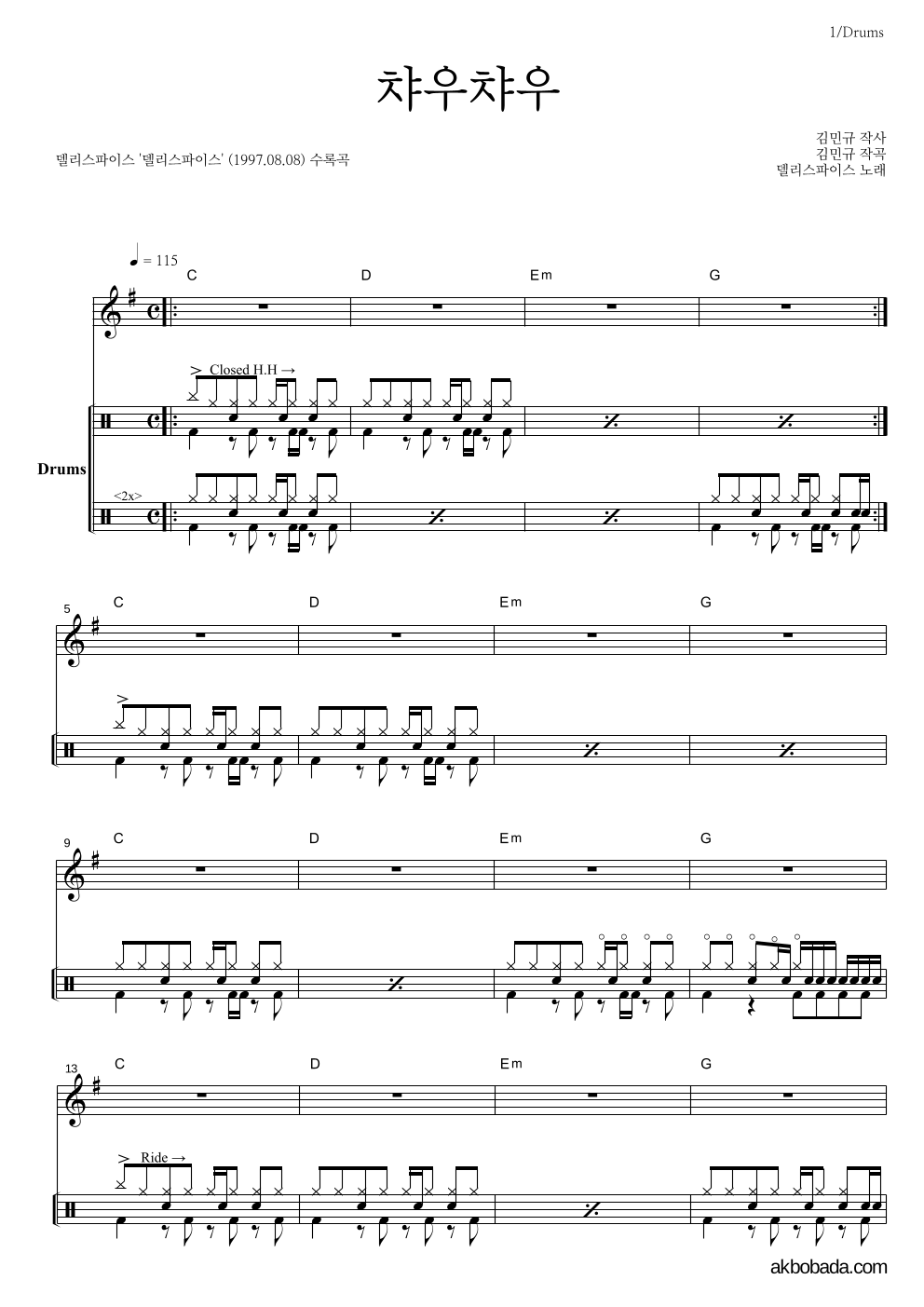 델리 스파이스 - 챠우챠우 드럼 악보 
