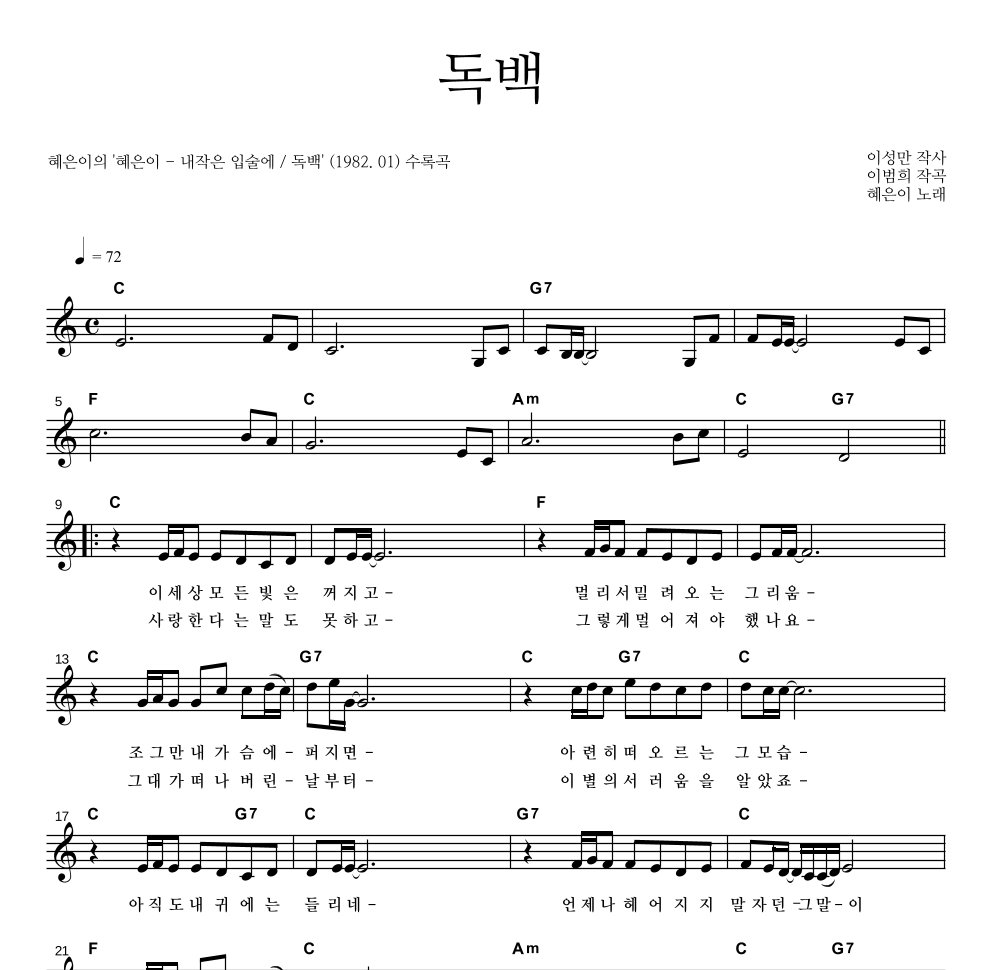 혜은이 - 독백 멜로디 악보 