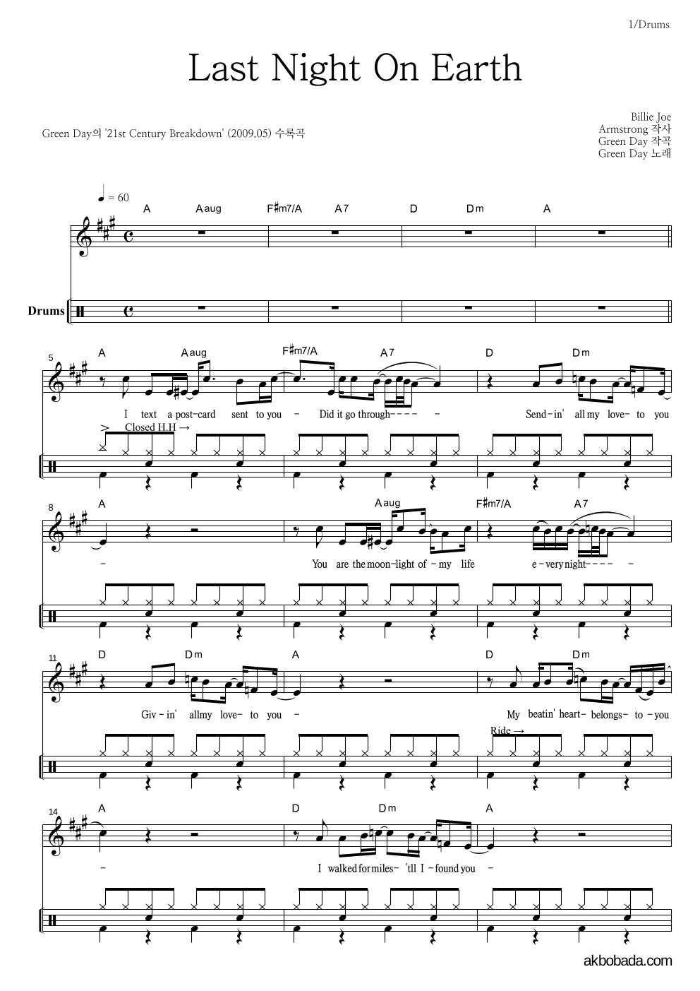 Green Day - Last Night On Earth 드럼 악보 