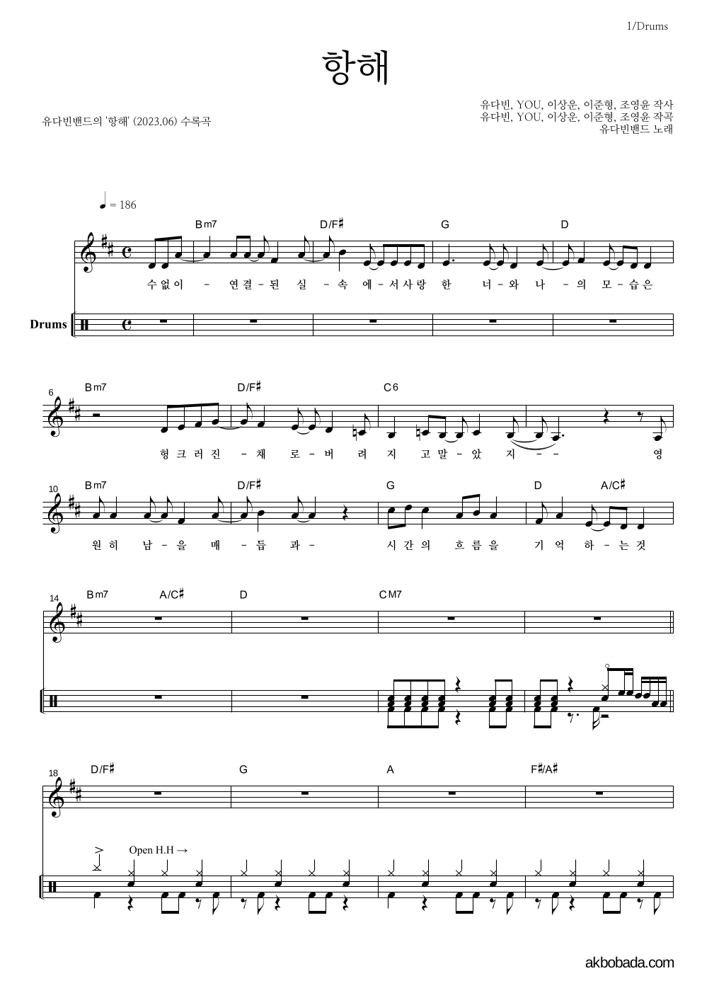 유다빈밴드 - 항해 드럼 악보 