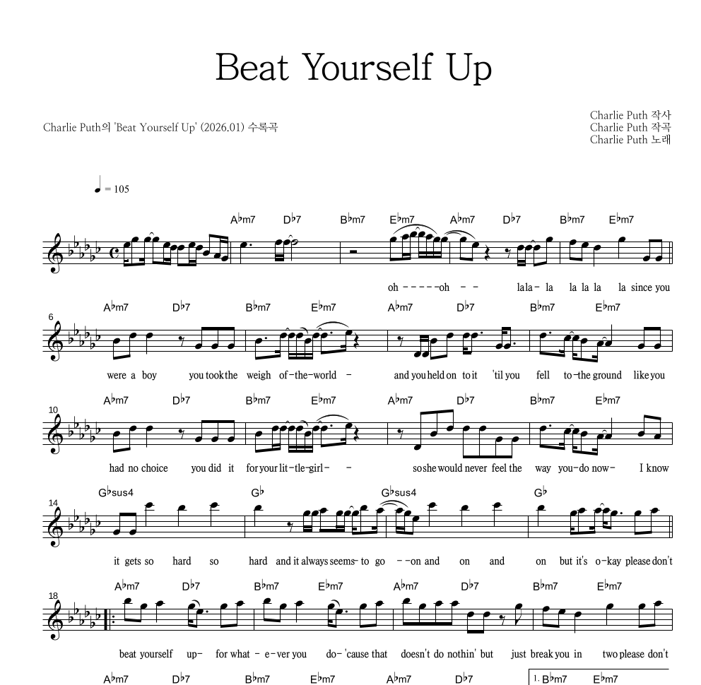 Charlie Puth - Beat Yourself Up 멜로디 악보 