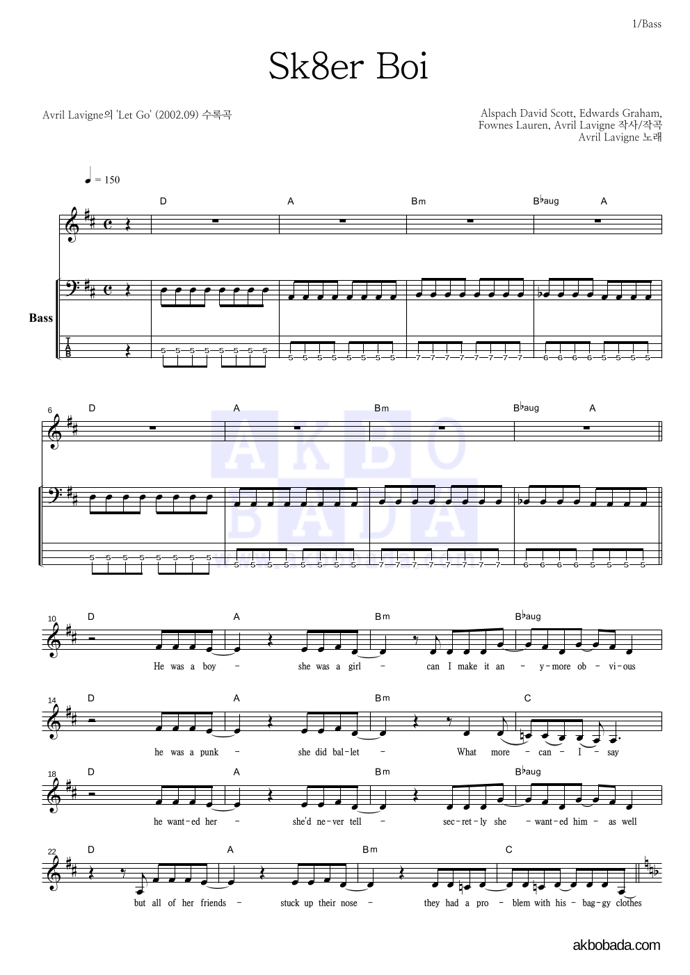 Avril Lavigne - Sk8er Boi 베이스 악보 