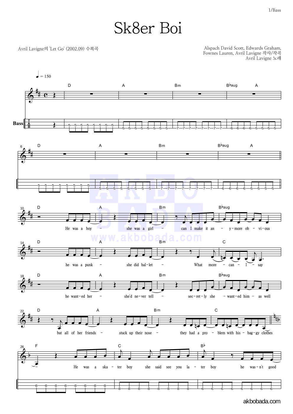 Avril Lavigne - Sk8er Boi 베이스(Tab) 악보 