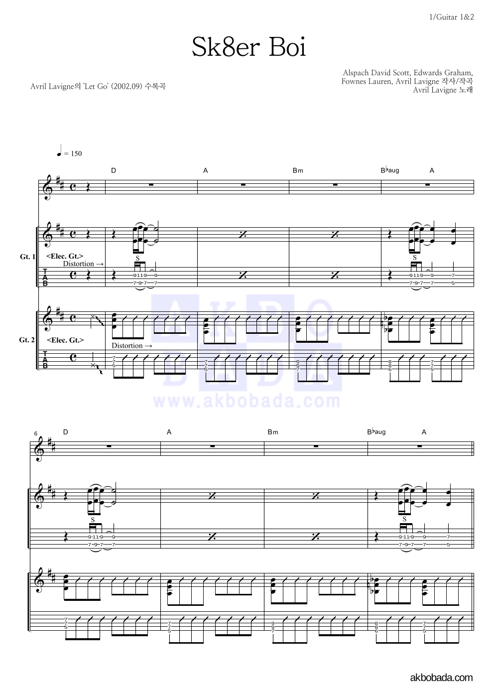Avril Lavigne - Sk8er Boi 기타1,2 악보 
