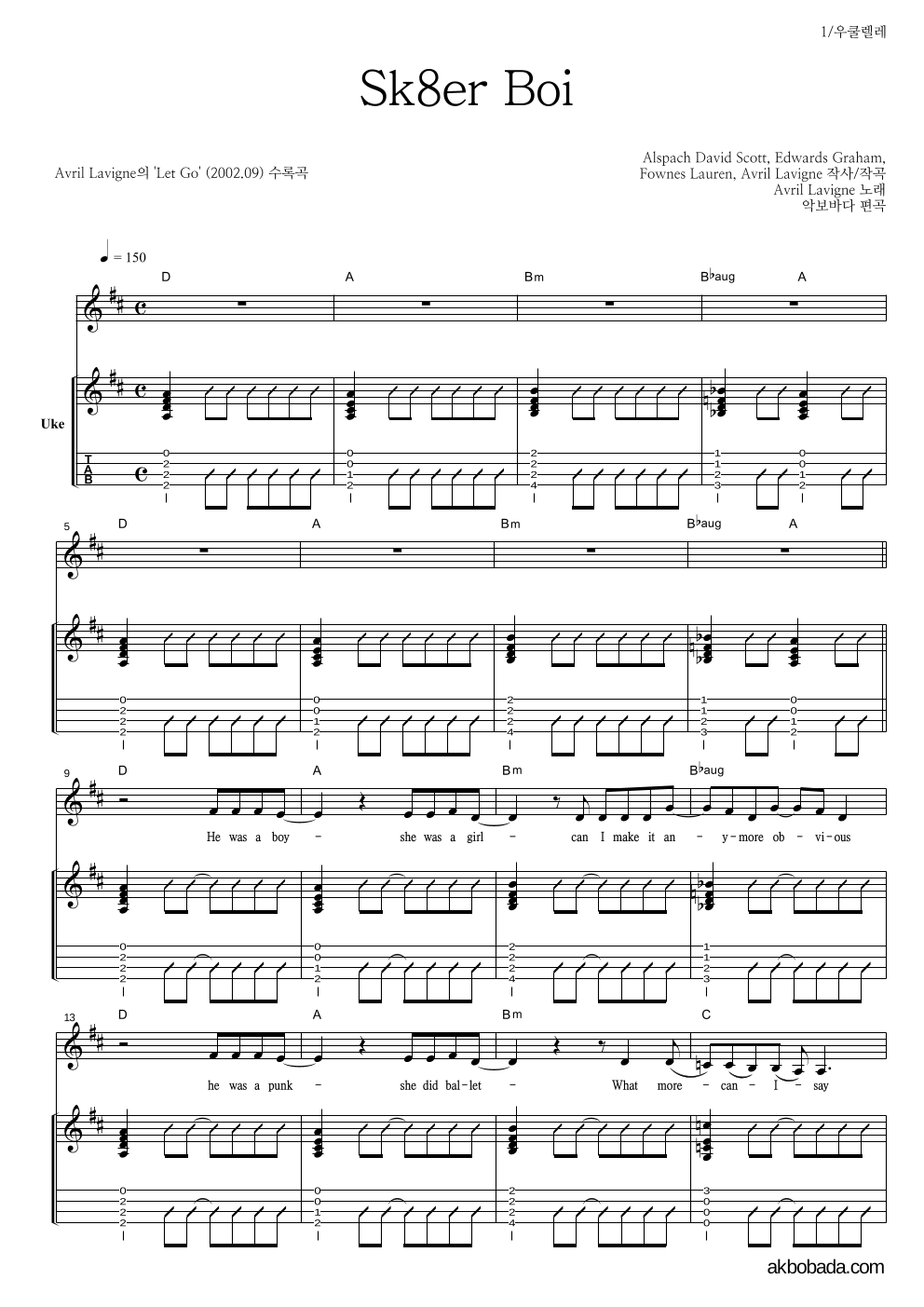 Avril Lavigne - Sk8er Boi 우쿨렐레 악보 