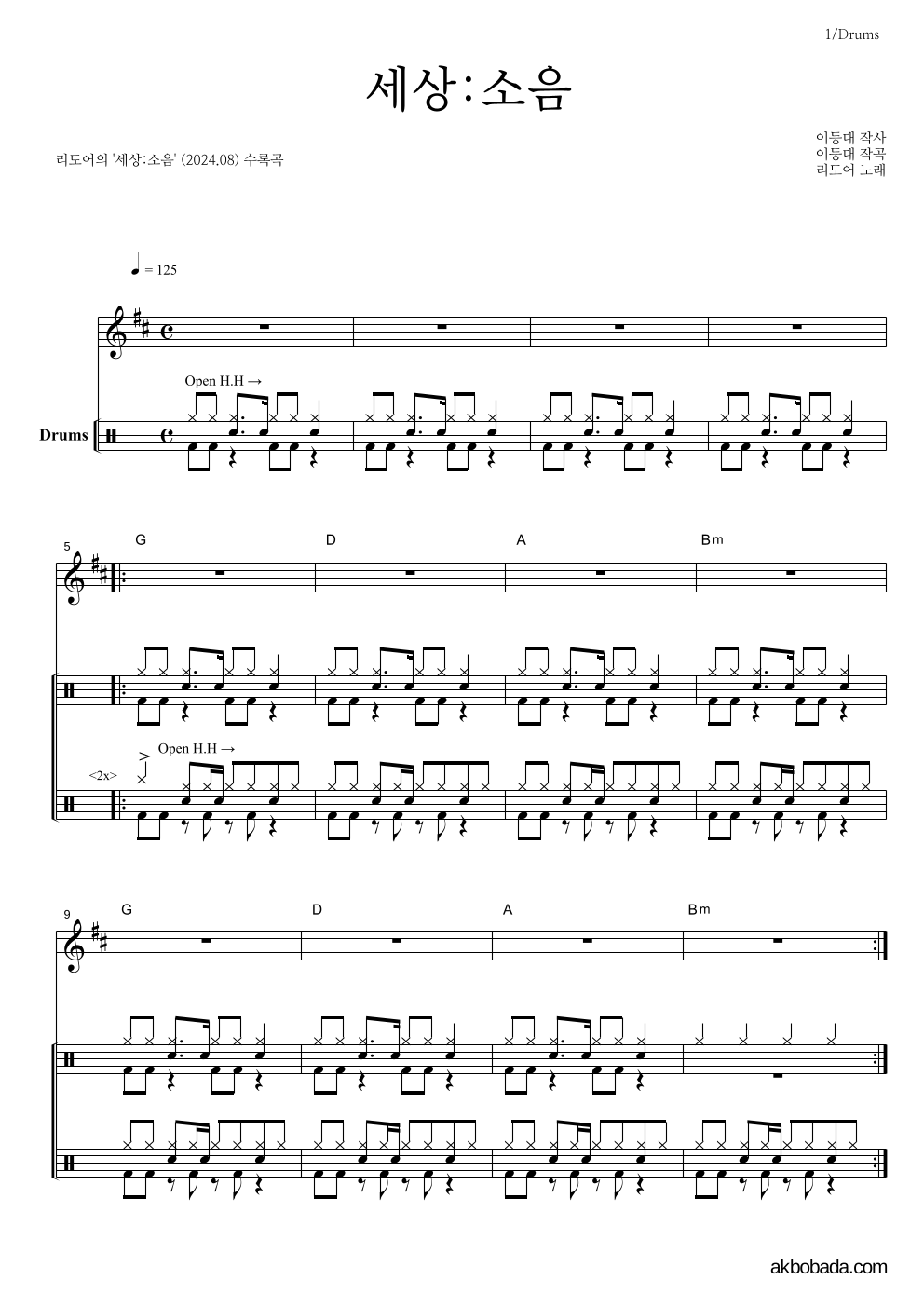 리도어 - 세상:소음 드럼 악보 