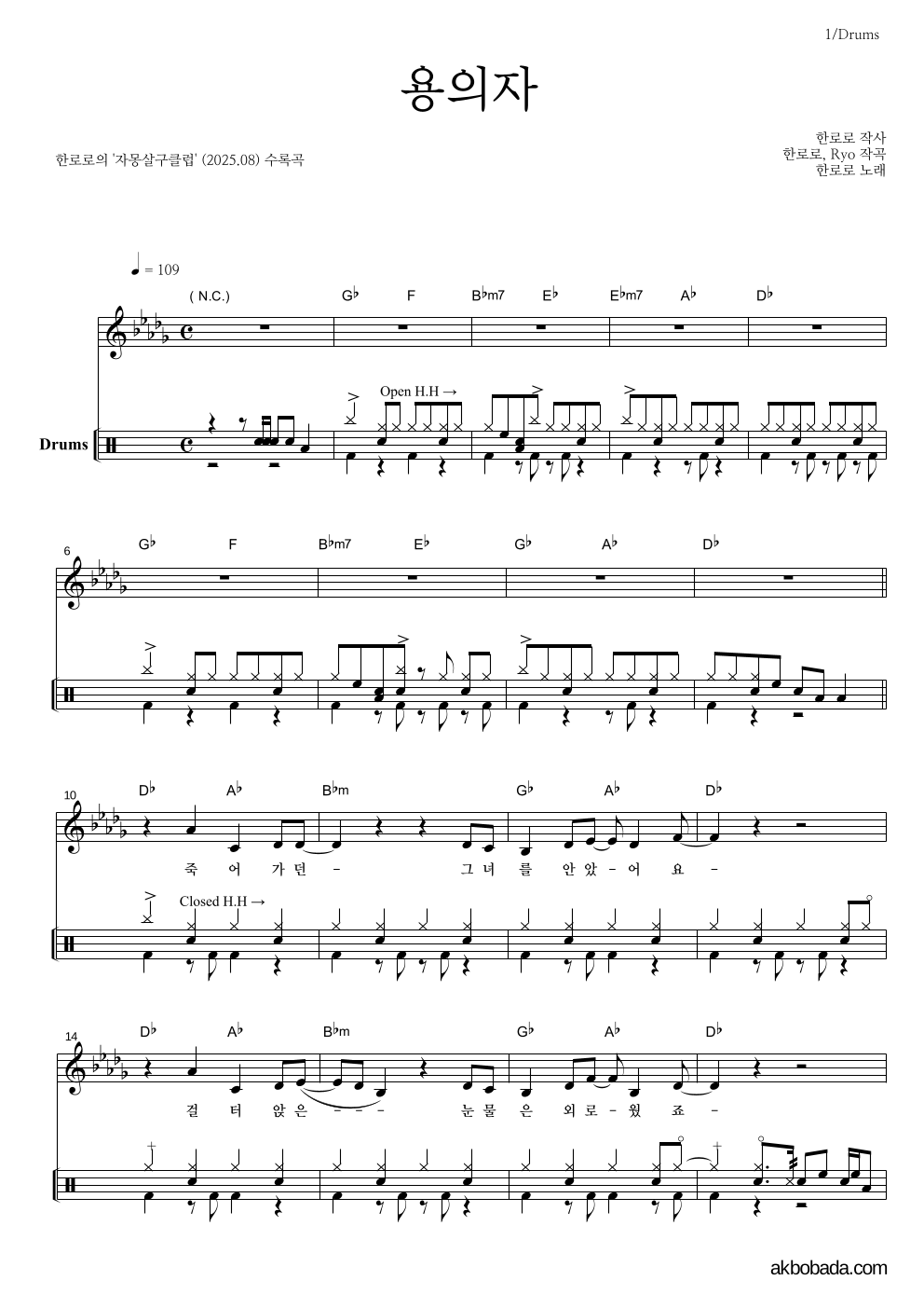 한로로 - 용의자 드럼 악보 