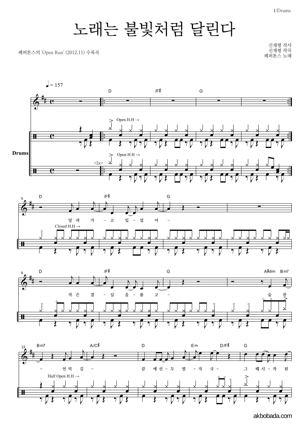 페퍼톤스 - 노래는 불빛처럼 달린다 드럼 악보 