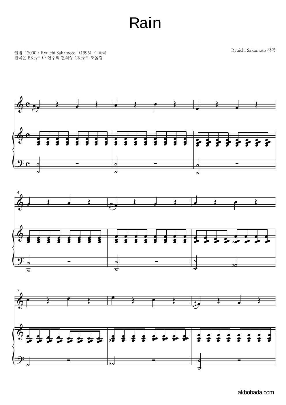 Ryuichi Sakamoto - Rain Solo&피아노 악보 