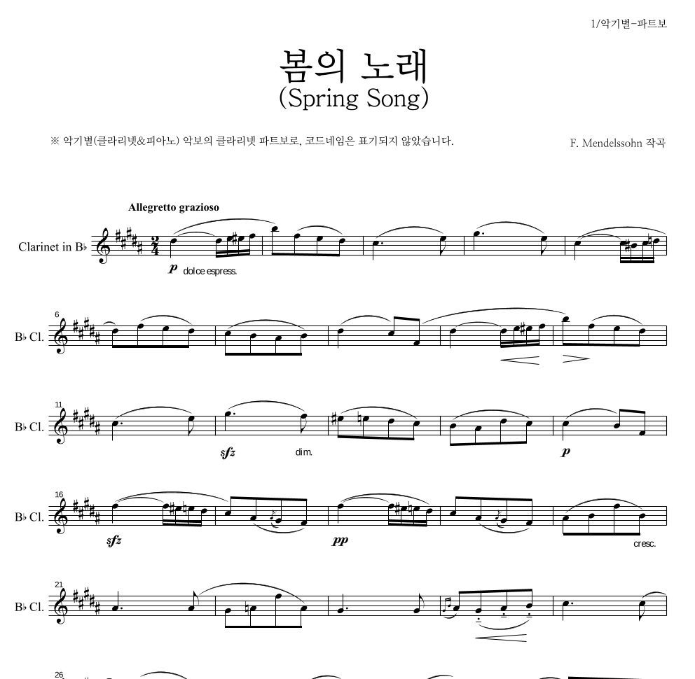 멘델스존 - 봄의 노래(Spring Song) 클라리넷 파트보 악보 